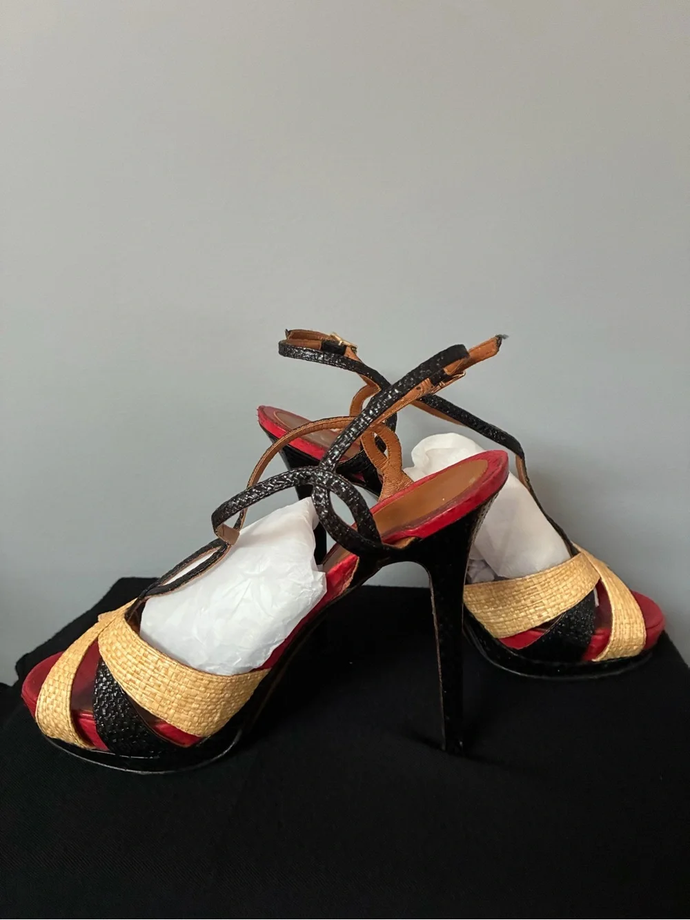 Fendi Multicolor Stiletto Sandals in Red, Black & Tan
